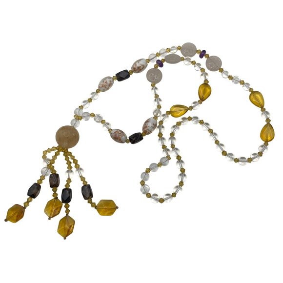Artisan Glass Statement Necklace Opaline Foiled Beads 4" Tassel Pendant Vintage - Picture 5 of 16
